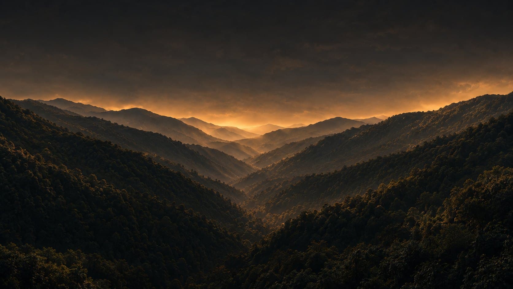 Blue Ridge Mountains at golden sunset over the Southwest Virginia hills