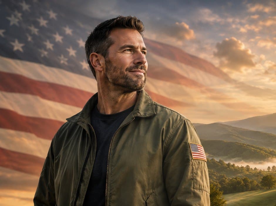 A veteran looking out over the Blue Ridge mountains at sunset, an American flag behind him and a rural farmhouse on the hillside