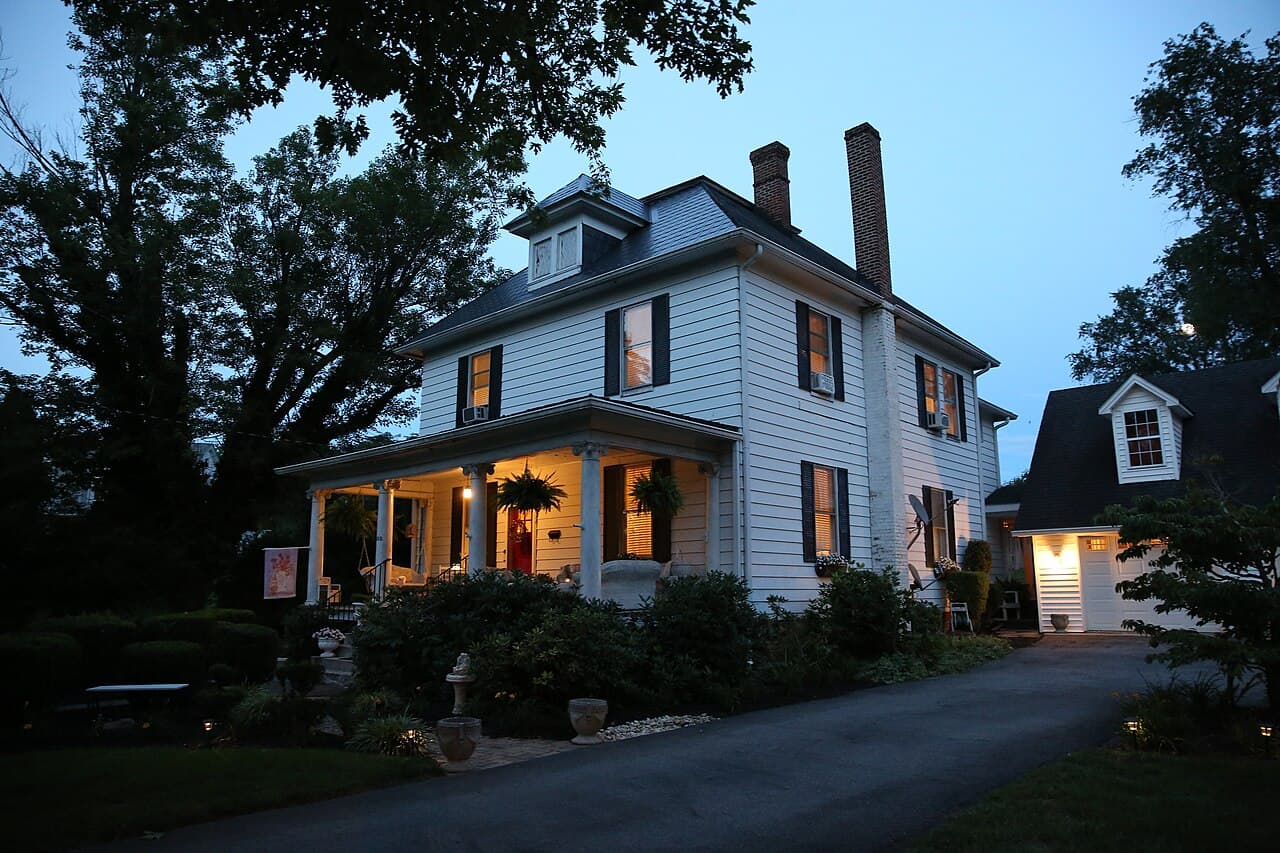 A historic home in Christiansburg, Virginia at dusk