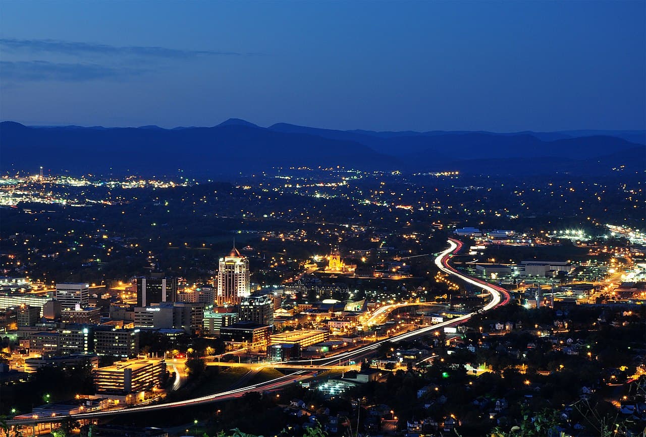 Downtown Roanoke at dusk, seen from the Mill Mountain Star