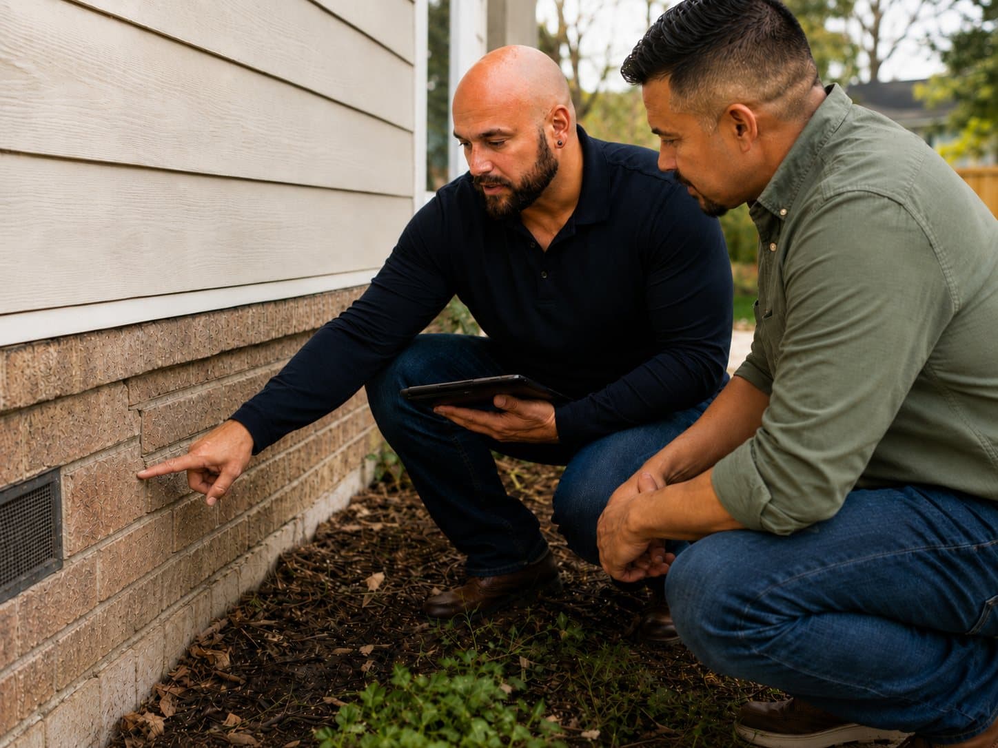 A real estate agent and homeowner examining a home's exterior and foundation together